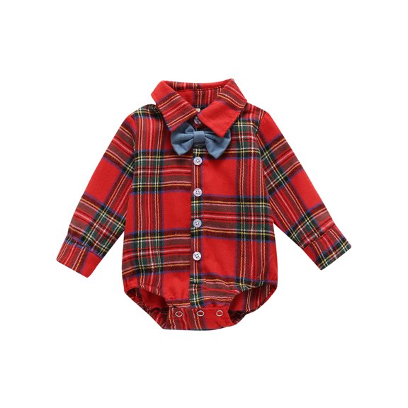 Canrulo Christmas Outfit Infant Baby Boy Xmas Plaids Romper Bodysuit Jumpsuit Bowtie Dress Shirt Clothes Red 6-12 Months