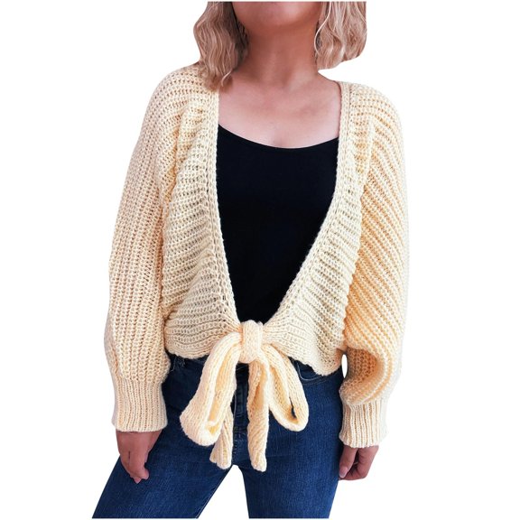 Women's Tie Front Cardigan Long Sleeve Crochet Knitted Cardigan Sweaters Casual Lightweight Outerwear Fall Coats