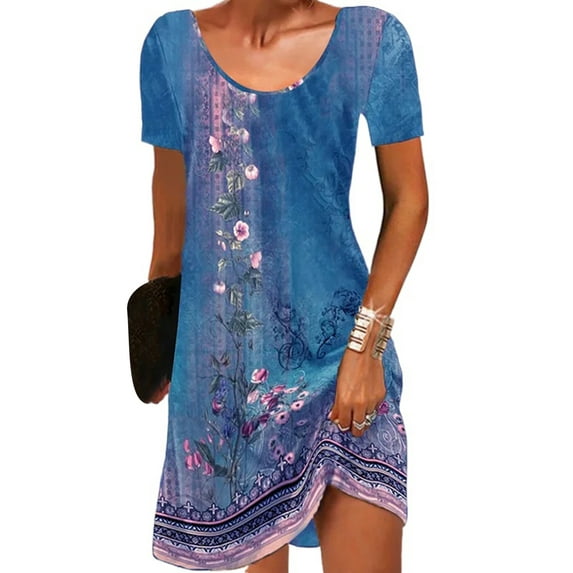 Coduop Women Vintage Short Sleeve Tunic Dresses,Round Neck Floral Loose Boho Short Dresses