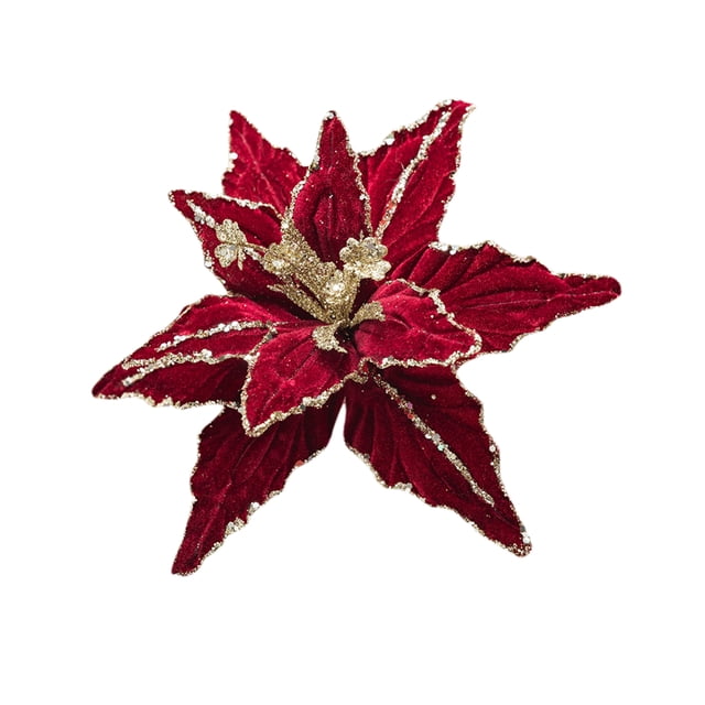 Decoración de Navidad Injueey Flor de Terciopelo Brillante 26CM Rojo Dorado Kits de decoración para fiestas vino tinto