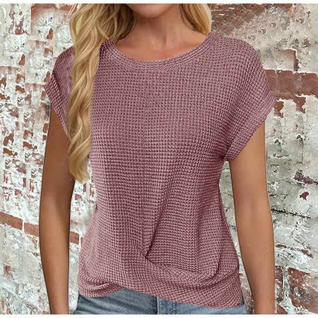 Customer Favorite,Women's Casual Solid Color Round-Neck Short Sleeve Regular Pullover Shirt, Perfect for Relaxed Fit All-Weather Wear|100%Polyester,Pink,Sopatenor