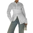 thumbnail image 3 of Blusa Informal de Mujer con Botones Al Frente, Cuello en V, Larga, Diseño Cruzado con Lazo, Ideal para el Trabajo Top Corto Elegante M, 3 of 9