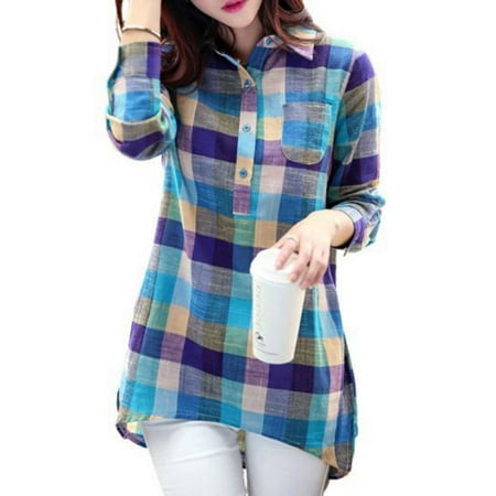 - Babula Women Plaid Button Down Casual Long Sleeve Cotton Linen Tops Blouse