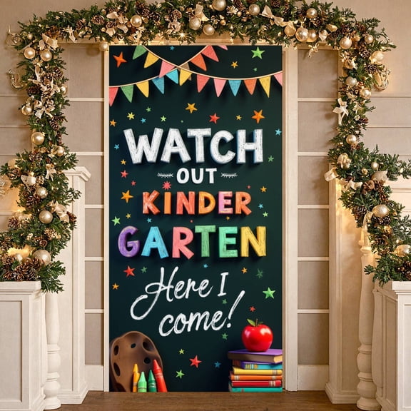 Colorful Letters Kindergarten Banner Graduation Cap Design Preschool Display Trophy Star Decorations Graduation Backdrop for Kindergarten Graduation Preschool Party Kids Celebration