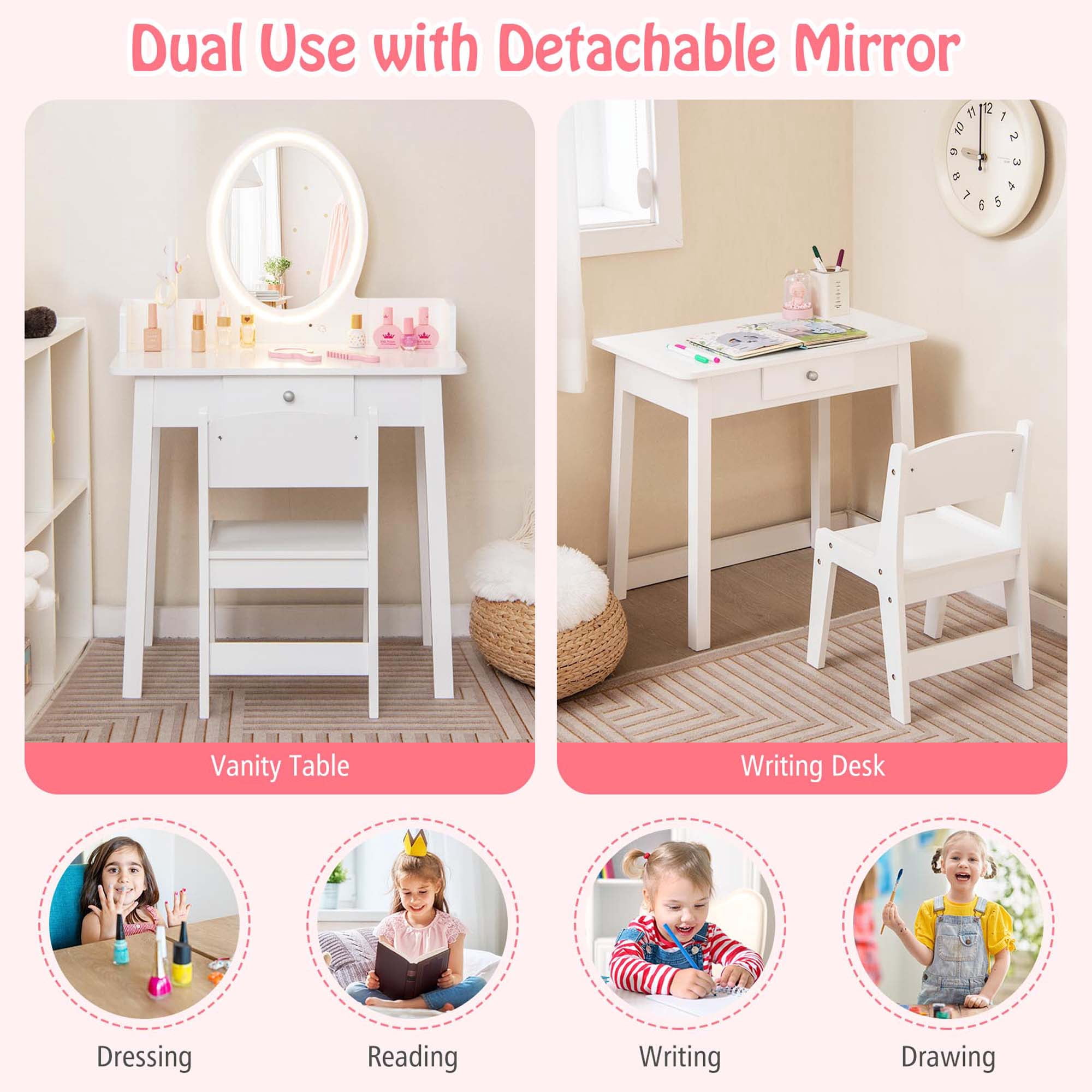 Costway Kids Vanity Set with Lighted Mirror Chair 2-Color LED Lighting for Girls Makeup White