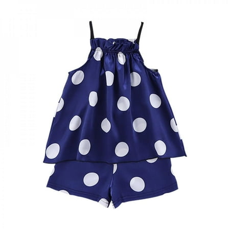 

Bullpiano Baby Pajamas Set Kids Girls Wave Point Pattern Sling Outfits Set Short Sleeve Blouse Tops+Shorts Sleepwear 2pcs