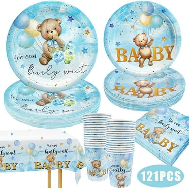 Bear baby Shower Decorations,We Can Bearly Wait Baby Shower with Plates and Napkins Cup, Tablecloth for First Birthday Centerpiece Decor, Teddy Bear Baby Shower Supplies