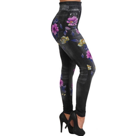 Yuanlook Women's High Waist Floral Print Denim-Style Leggings Tummy Control Slimming Trousers Size S-XXL