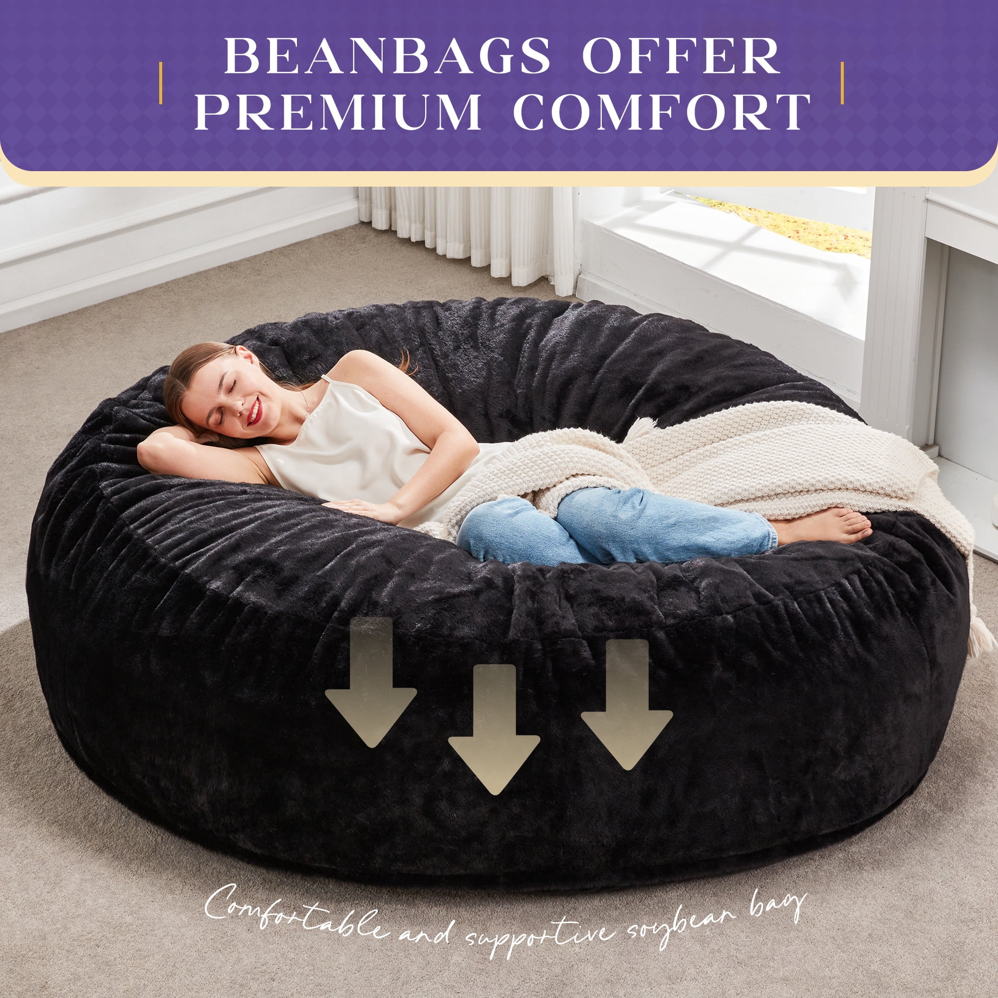 Hobestluk Bean Bag Chairs Giant Beanbag Chair with Filler, Memory Foam Bean Bags with Machine Washable Cover, Bean Bag Chairs for Adults for Living Room, Bedroom (BLACK, 6FT - 70" x 70" x 15")