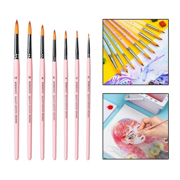 Juego de 7 pinceles de pintura para artista mango rgo de madera, punta redonda, punta puntiaguda, pintura de corporal para gouache, acuare, , Rosado Soledad Pincel de artista