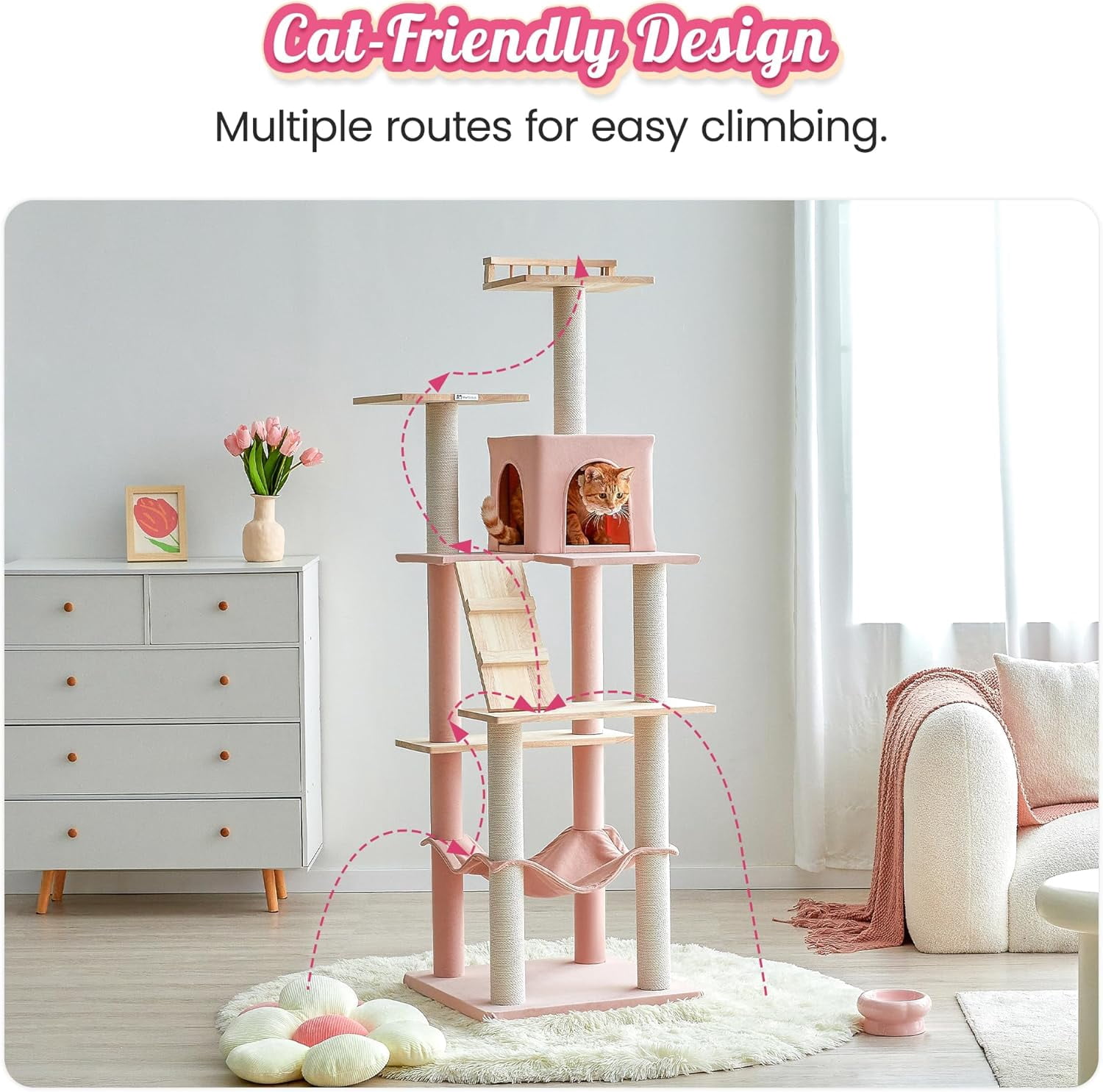 LEHOME Pink Modern Cat Tree for Indoor Cats, 63.8-Inch Multi-Level Tall Cat Tower with Cat Condo, Hammock, Woden Top Perch, Scratching Posts for Kittens & Adult Cats