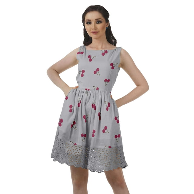 Moomaya Robe Courte de Cocktail en Dentelle, Coton Imprimé, Robe Pouf Décontractée avec Poches