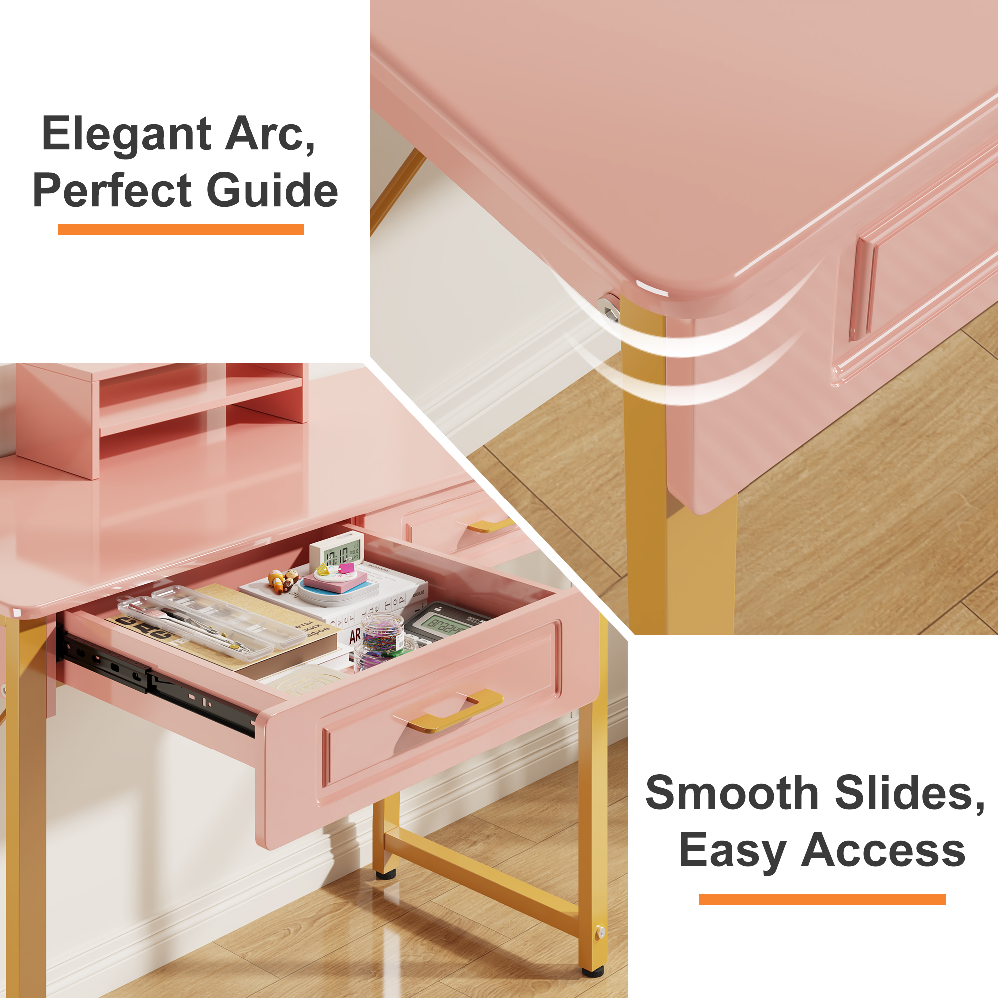 GYIIYUO Pink and Gold Modern Writing Desk with 2 Drawers, Computer Desk for Home Office, Bedroom