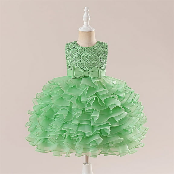 JIAYUE Child Girls Carnival Dresses Heart Print Sleeveless Crew Neck Ball Gown Mid Length Lace Top Tulle Ruffle with Bow For Teens Stylish Everyday Wear