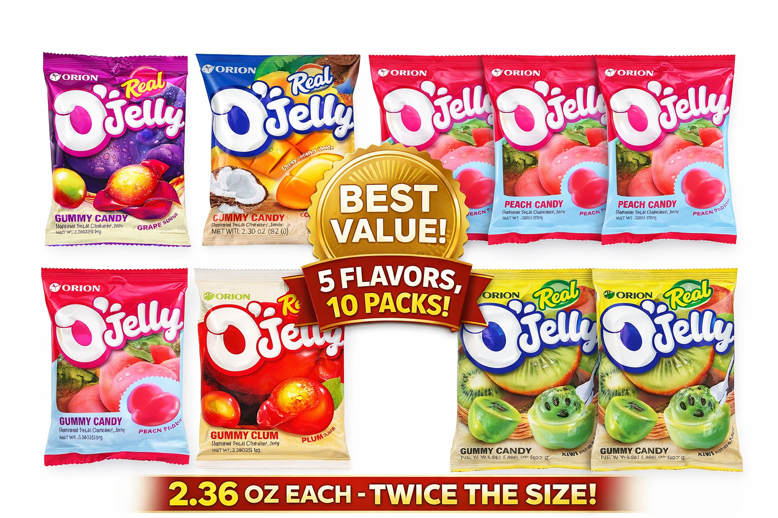 Korean Fruit Jelly Candy Variety Pack – Chewy Gummy Snacks, 5 Flavors (Grape, Plum, Peach, Kiwi, Coco Mango) – Large 2.36 oz Bags – Best Value 10 Pack