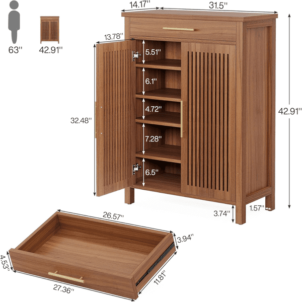 Entryway Shoe Cabinet, 2 Louvered Doors, 5-Tier Flexible Storage (20 Pairs), Large Drawer, MDF Construction with Anti-Tip Device, for Farmhouse/Contemporary Decor
