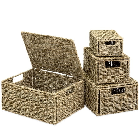 Best Choice Products Set of 4 Multi-Purpose Woven Seagrass Storage Box Baskets for Home Decor, Organization w/ Lids, (Best Cd Storage Boxes)