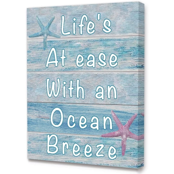 Bathroom Beach Decor,Beach Starfish Wall Decor,Life''s at Ease with an Ocean Breeze Starfish Beach Sign Canvas Wall Art,Vintage Beach Theme Bathroom Canvas Wall Artwork for Home Bathroom