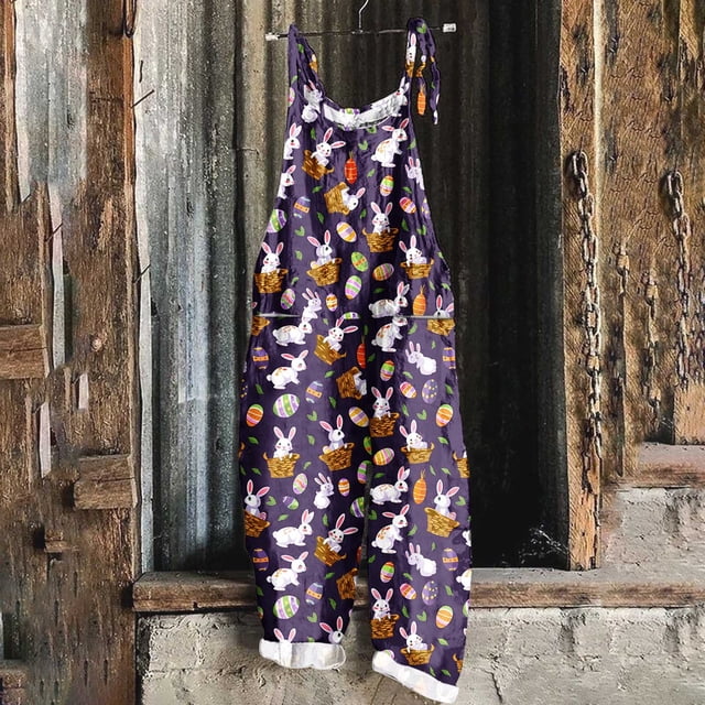 Styesk Pantalons pour Femmes, Imprimé de Pâques, Sans Manches, Deux Poches, Combinaison Décontractée