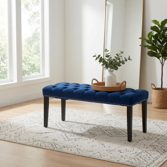Upholstered Tufted Bench Ottoman, Velvet Dining Bench Bedroom Bench Footrest Stool Accent Bench for Entryway Dining Room Living Room, Blue
