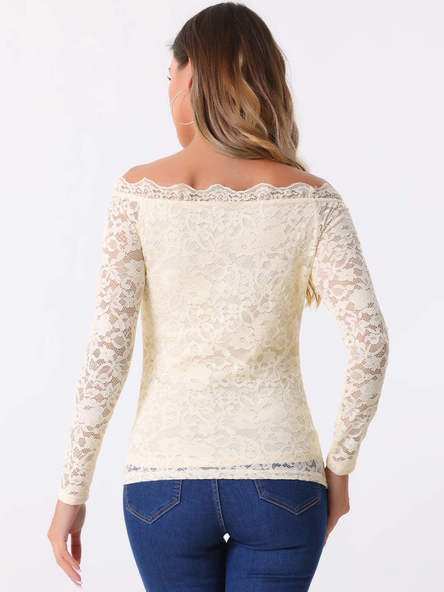 DARING DIVA Floral Lace Off Shoulder Sheer Blouse Top S Beige