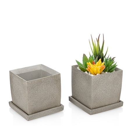 Essentra Home Square Succulent Planter Set of 2 | Cement Grey Succulent Pots with Trays for Cactus  Succulents | Small Planters for Indoor Plants | Plants not Included