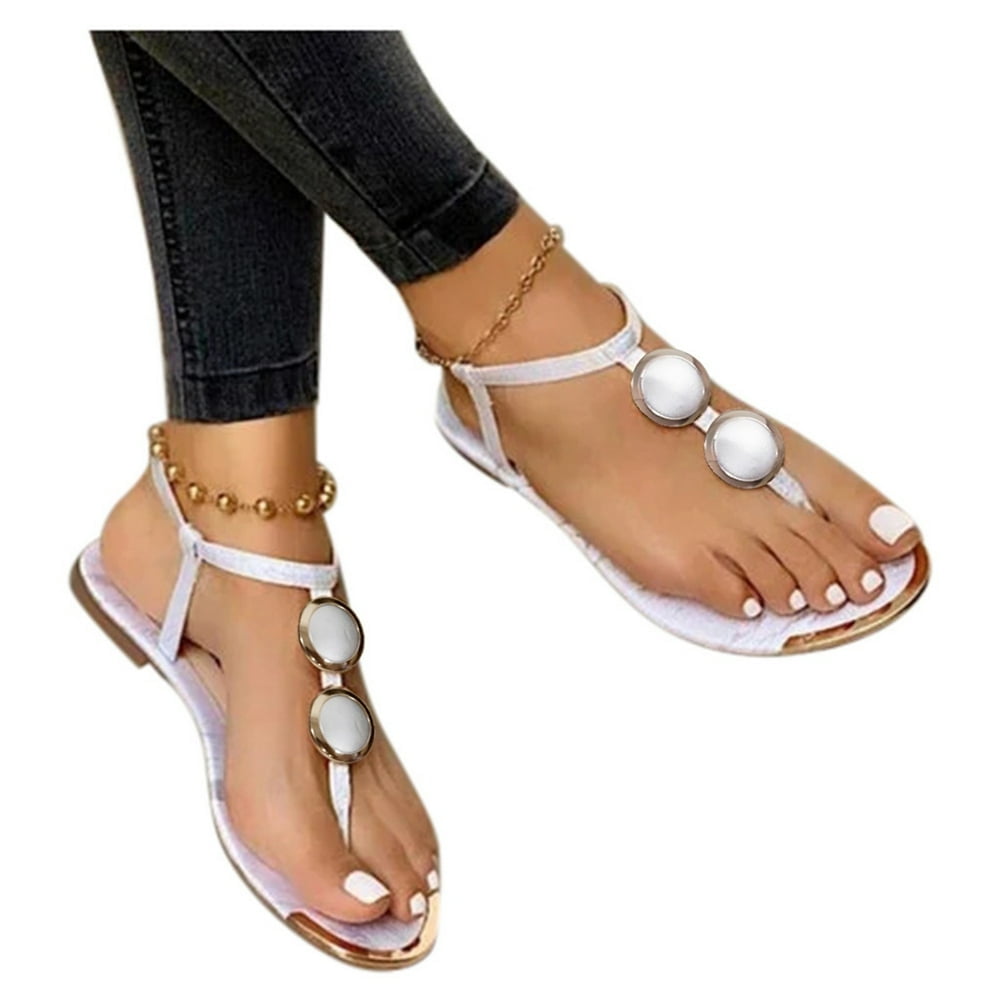 Women s Summer T Strap Flat Sandals Slippers Buckle Open Toe Flat Heel Flip Flops Beach Shoes