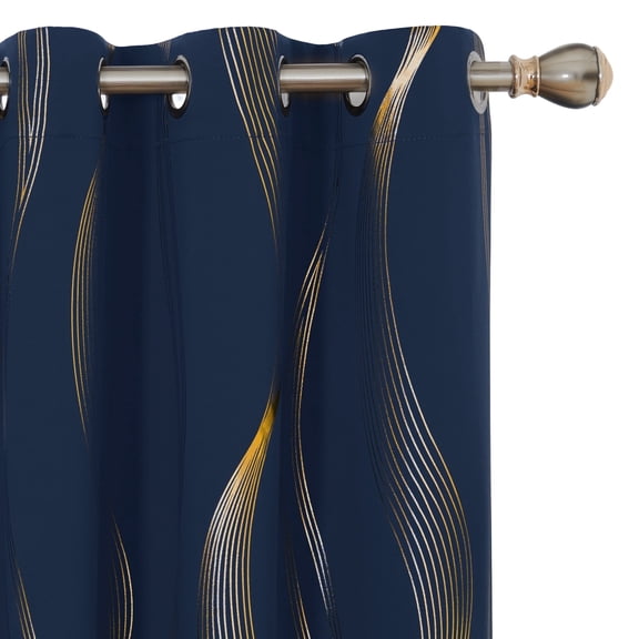 ZOPZO Blackout Curtains 42W x 63L Inch, Navy Blue Thermal Insulated Room Darkening Drapes with Golden Wave Print for Bedroom