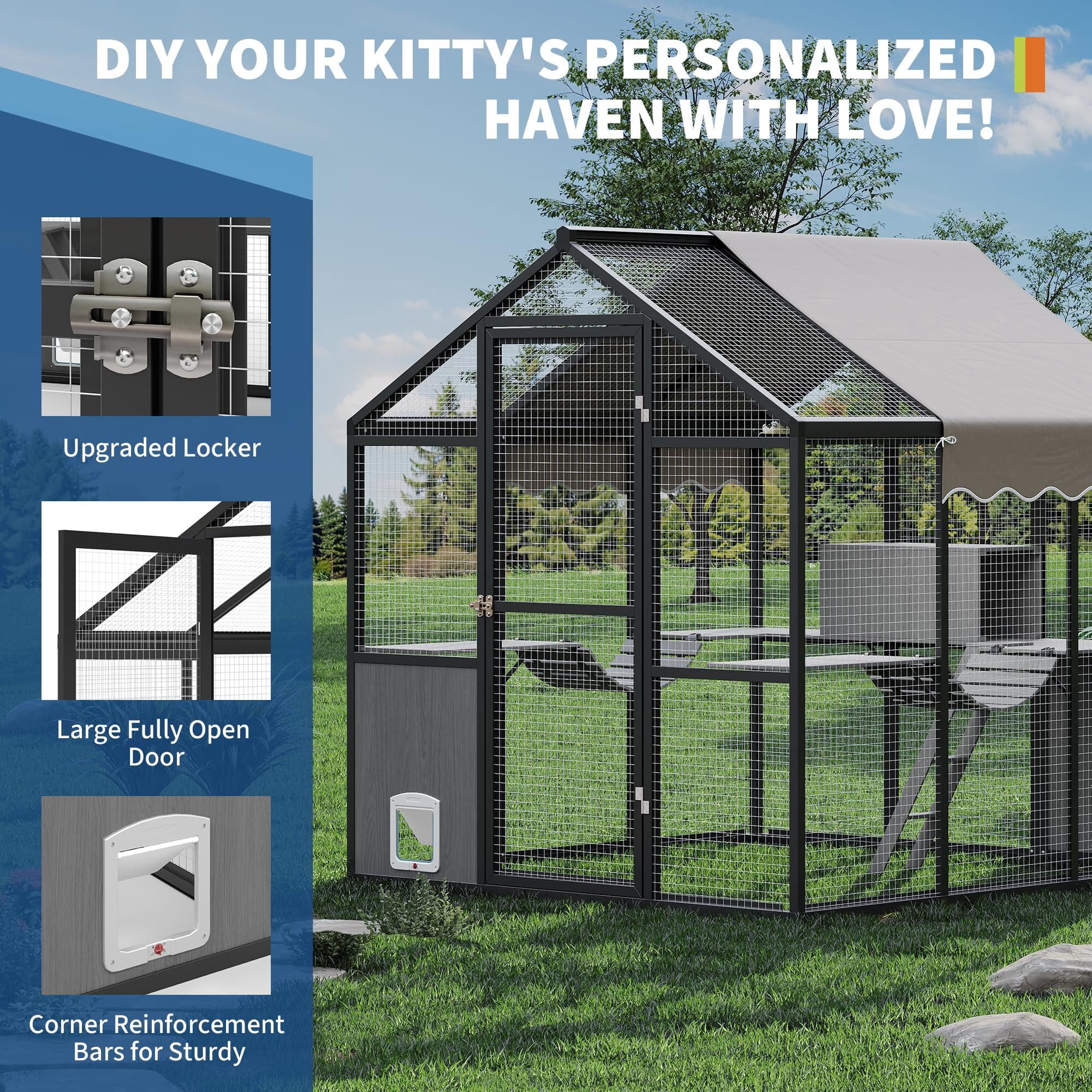 Extra Large Outdoor Catio Enclosure, Weatherproof UV-Proof Roof, Walk-in Cat Cage with Channels, Side Door, Platform & Huge Condo for Multiple Cats