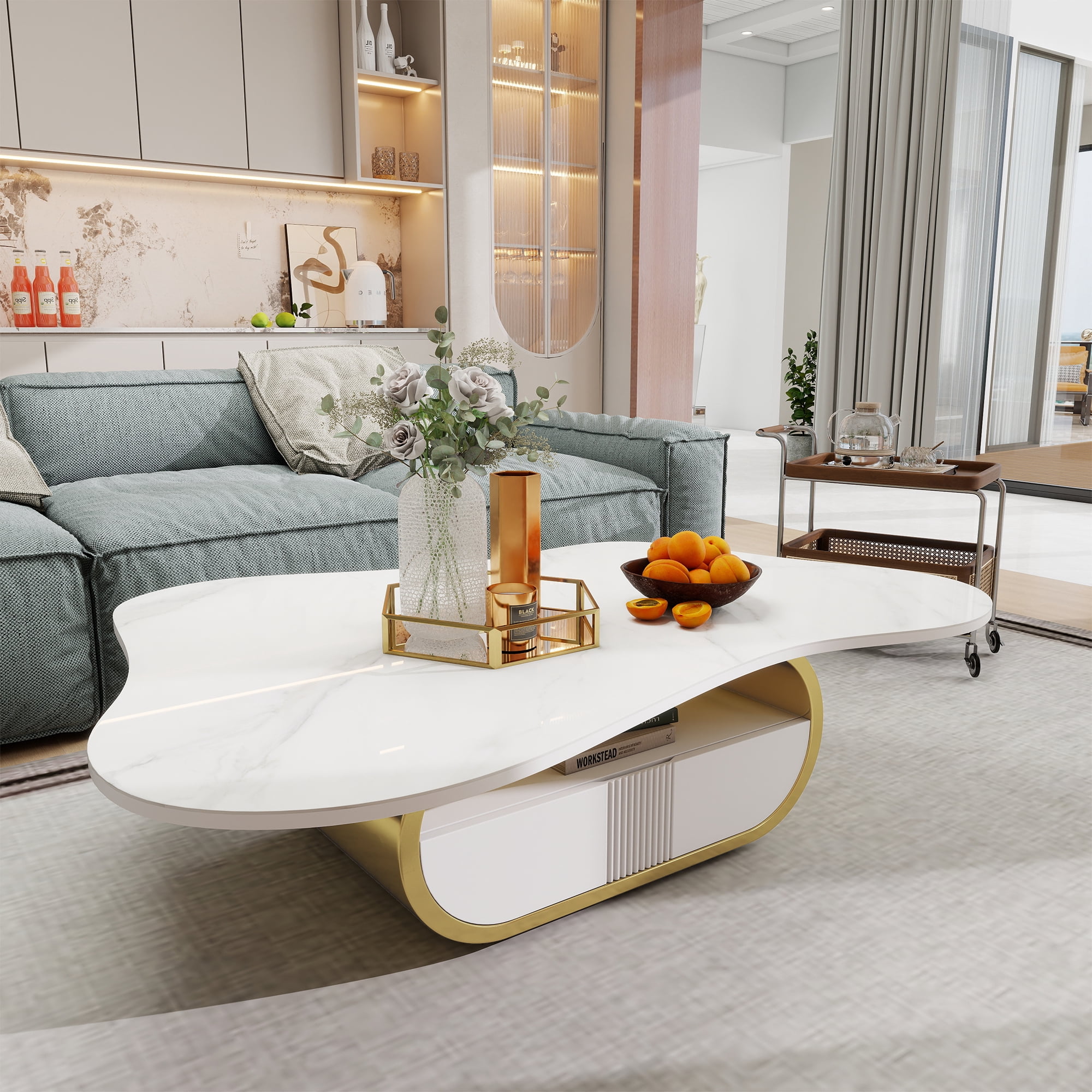 HIUU Cloud Coffee Table with Sintered Stone Top,White Marble Coffee Table with Storage Shelf & Drawer, Stainless Steel Base(Grey+White)