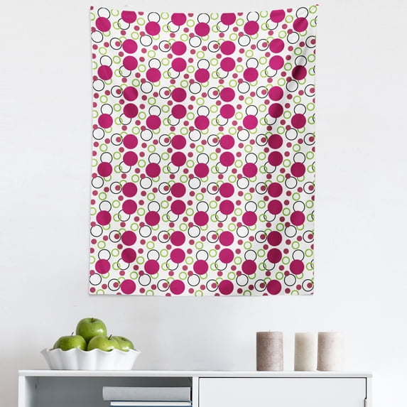 Pink and Green Tapestry, Geometric Retro Composition with Circles and Dots Spotty Pattern, Fabric Wall Hanging Decor for Bedroom Living Room Dorm, 5 Sizes, Dark Pink Green Black, by Ambesonne
