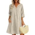 thumbnail image 2 of Atogsazn Women's V Neck Linen Midi Dress Flowy Short Sleeve Button Rolled Dresses A-Line Sundress Summer Khaki L Fashion, 2 of 5