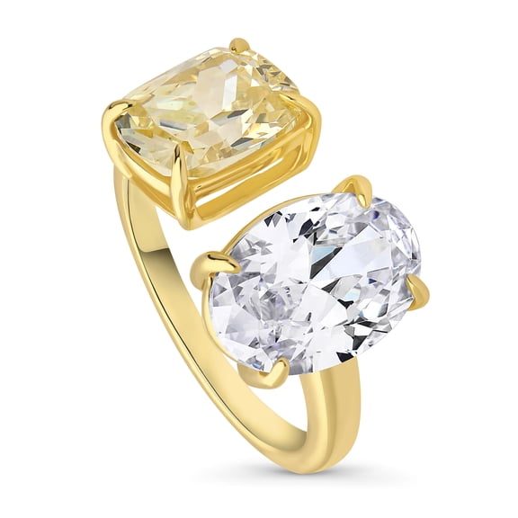 BERRICLE Sterling Silver Cubic Zirconia CZ Statement 2-Stone Cocktail Large Fashion Ring for Women, Yellow Gold Flashed Size 5