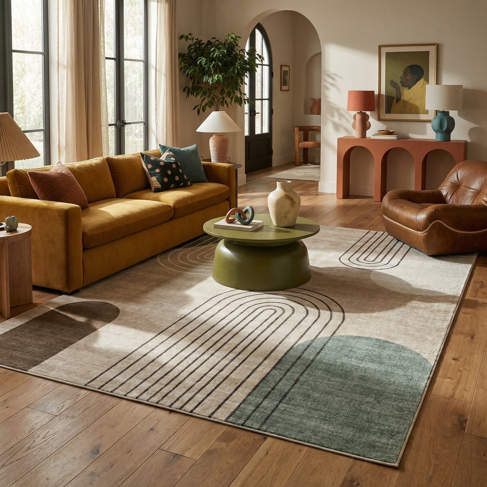 Rug Branch Eclipse Mid-Century Modern Indoor Area Rug, Beige Green, Abstract - Living Room, Bedroom, Dining Room, and Office