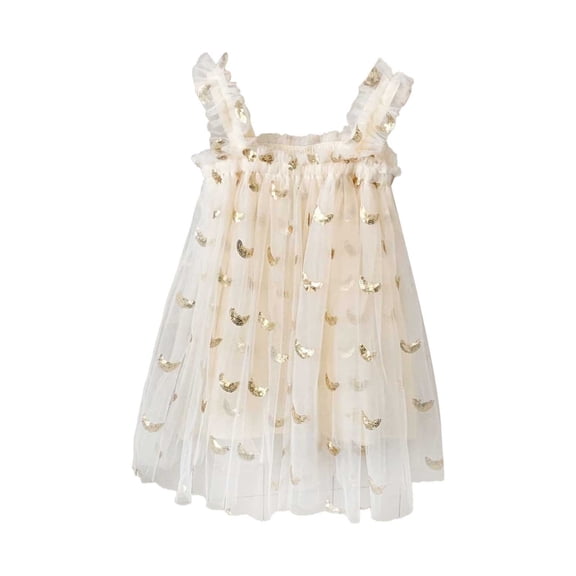 Suilloe Toddler Girls Dress Carnival Sequin Dress Sleeveless Strap Star & Moon Embroidery Mesh Puff Princess Gown Holiday Dance Party Dresses，2-3Years