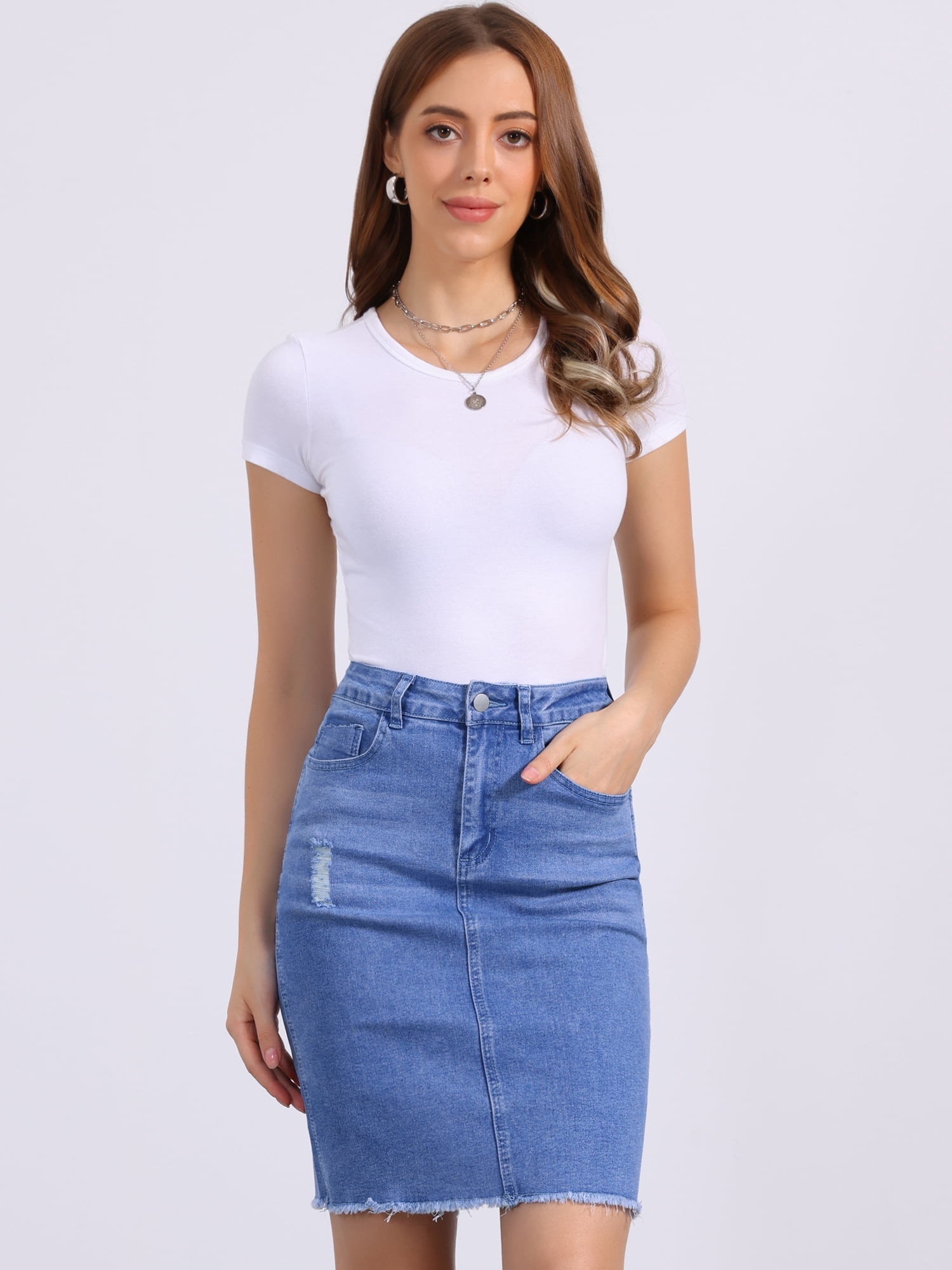 DARING DIVA Women's Basic High Waist Ripped Hem Washed Denim Skirt L Bright Blue