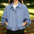 thumbnail image 3 of DISKEBUISS Women's Cropped Gingham Plaid Jacket Lapel Zip & Snap Long Sleeve Short Outerwear for Fall Winter, 3 of 8
