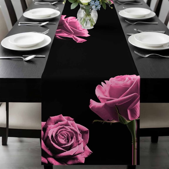 Pink Rose Table Runner 72 Inches Long, Vintage Abstract Garden Flower Floral Black Kitchen Coffee Dining Table Decoration for Home Party Birthday Wedding Home Decor 13x72 Inches