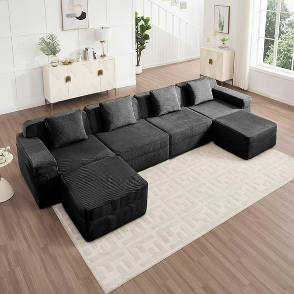153'' Oversized Boneless Couch, U-Shaped Modular Sectional Sofa, Upholstered Corduroy Sofa, Double Chaise Lounge, 4 Pillows, 6-Seater Deep Cloud Couches for Living Room, Apartment, Black