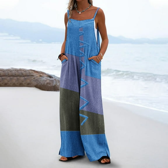 Weiqiqre Palazzo Pants for Women Summer Boho Casual Jumpsuits Wide Leg Overalls Floral Print Baggy Rompers with Pocket