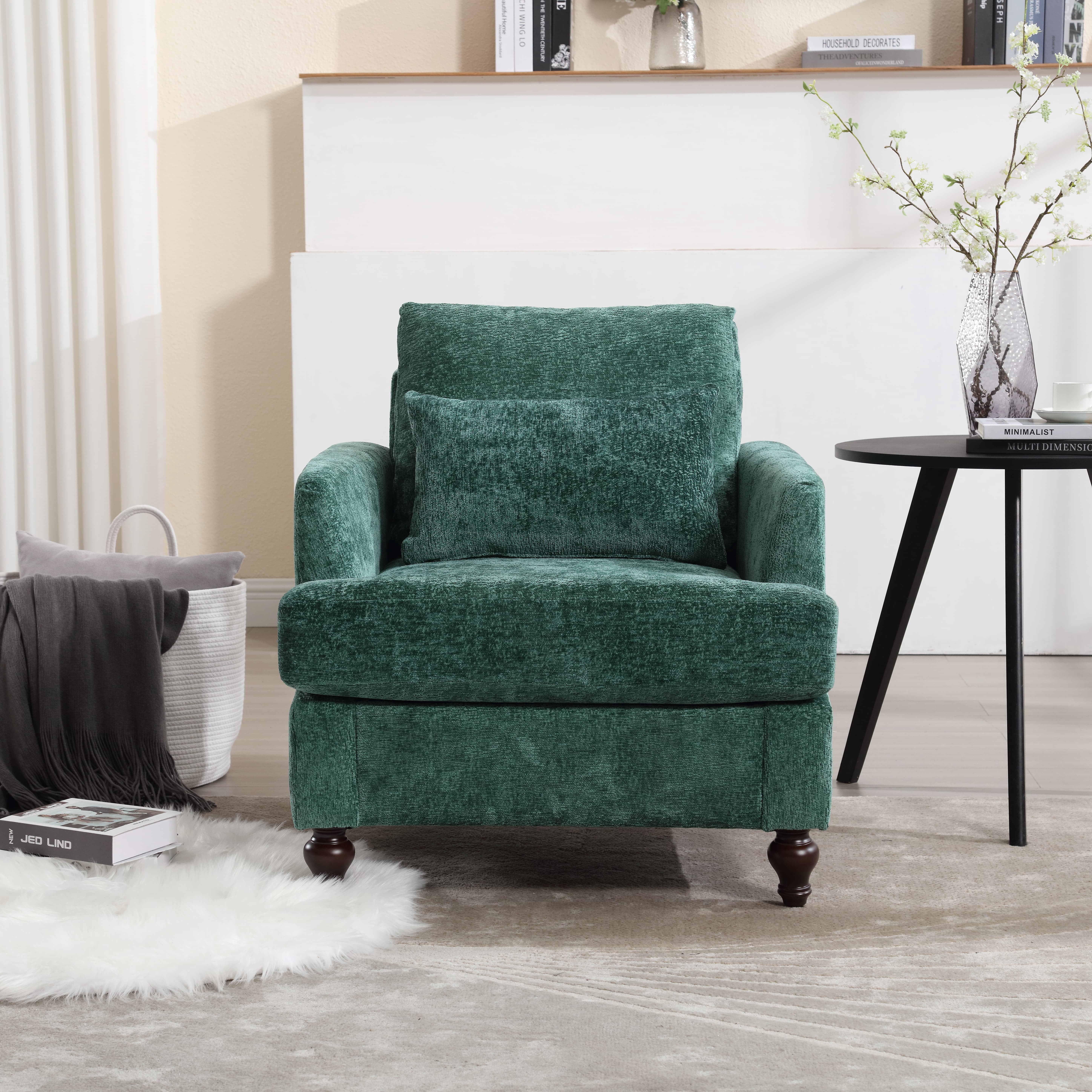 MAYEERTY Wood Frame Armchair, Modern Accent Chair Lounge Chair Tufted Club Chair, Mid Century Modern Arm Chairs with Studded, Solid Wood Frame, for Bedroom, Reading (Emerald Chenille)