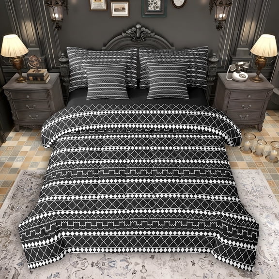 Feelyou Black Line Abstract Comforter Set 7pcs, Fashion Square Rectangle Full Bedding Set