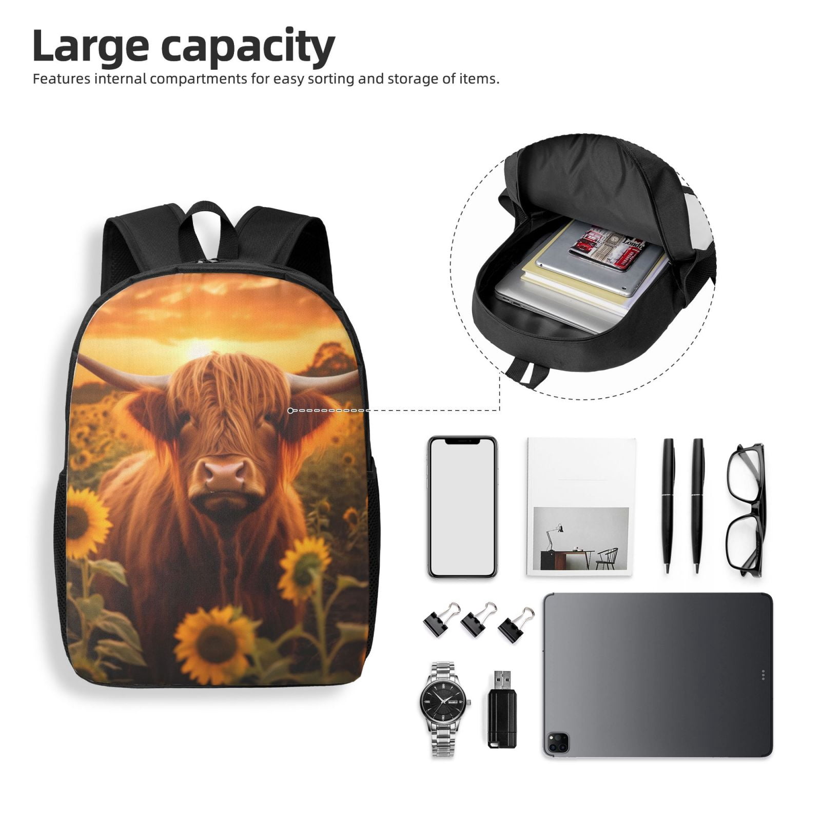 Xecao Vintage Sunflower Cow B print Travel Backpack, Large Computer Backpack for Men Women, College School Rucksack Book Bag
