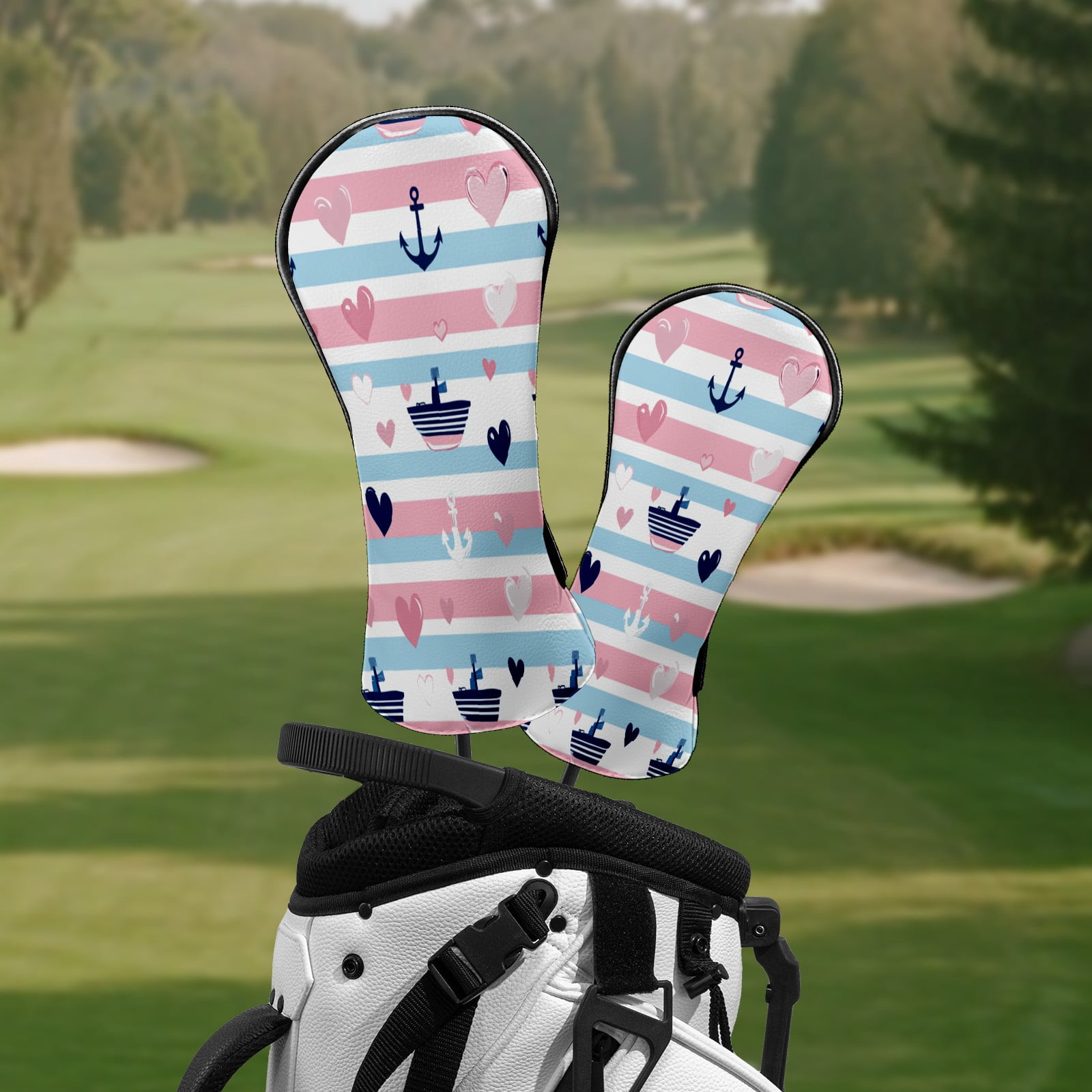 Golf Club Head Covers SailboatAnchor_PastelStripe Waterproof Leather Golf Head Covers for Men Women Driver Head Cover Fairway Headcover for Golf Lovers