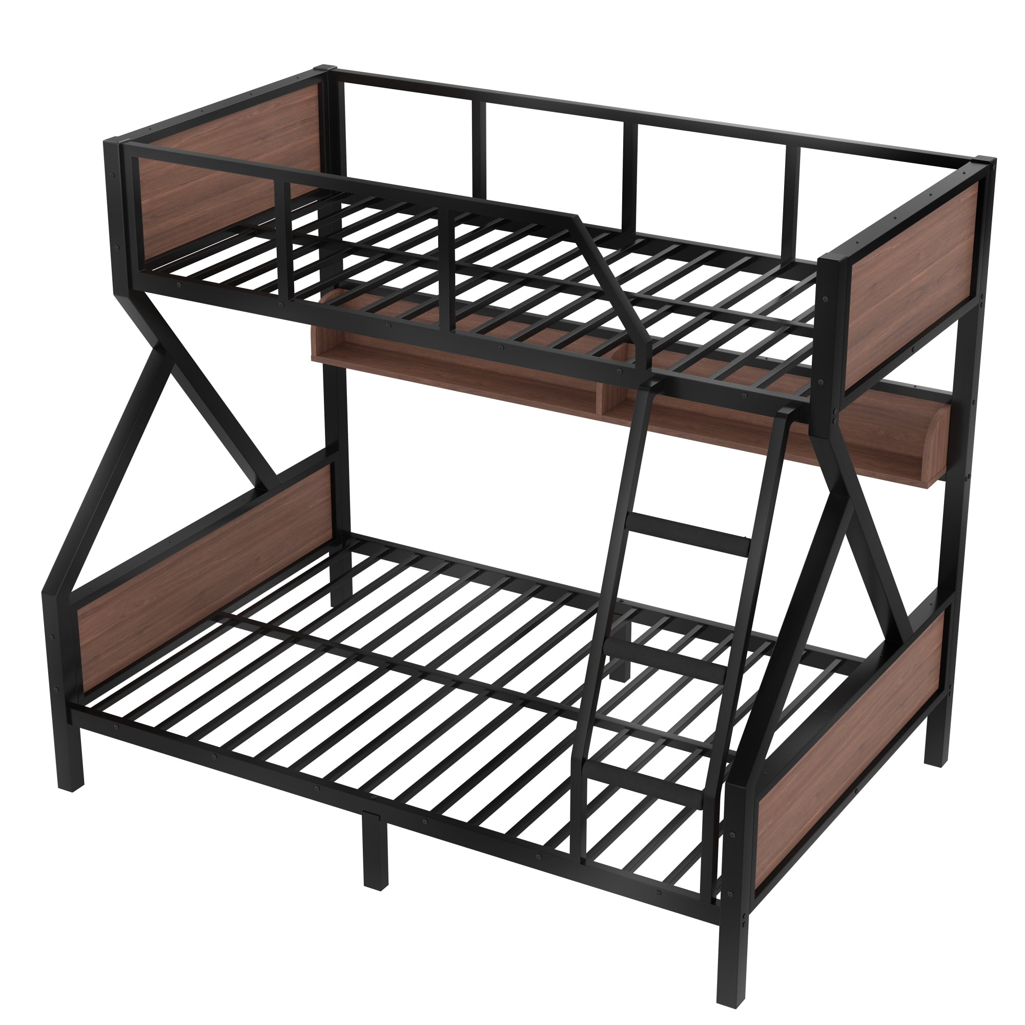 Twin Over Full Size Bunk Bed with Storage Shelves & LED Light, Metal Bunk Bed Frame with Wood Board & Sturdy Slats, Heavy Duty Bed Frame, Noise Free