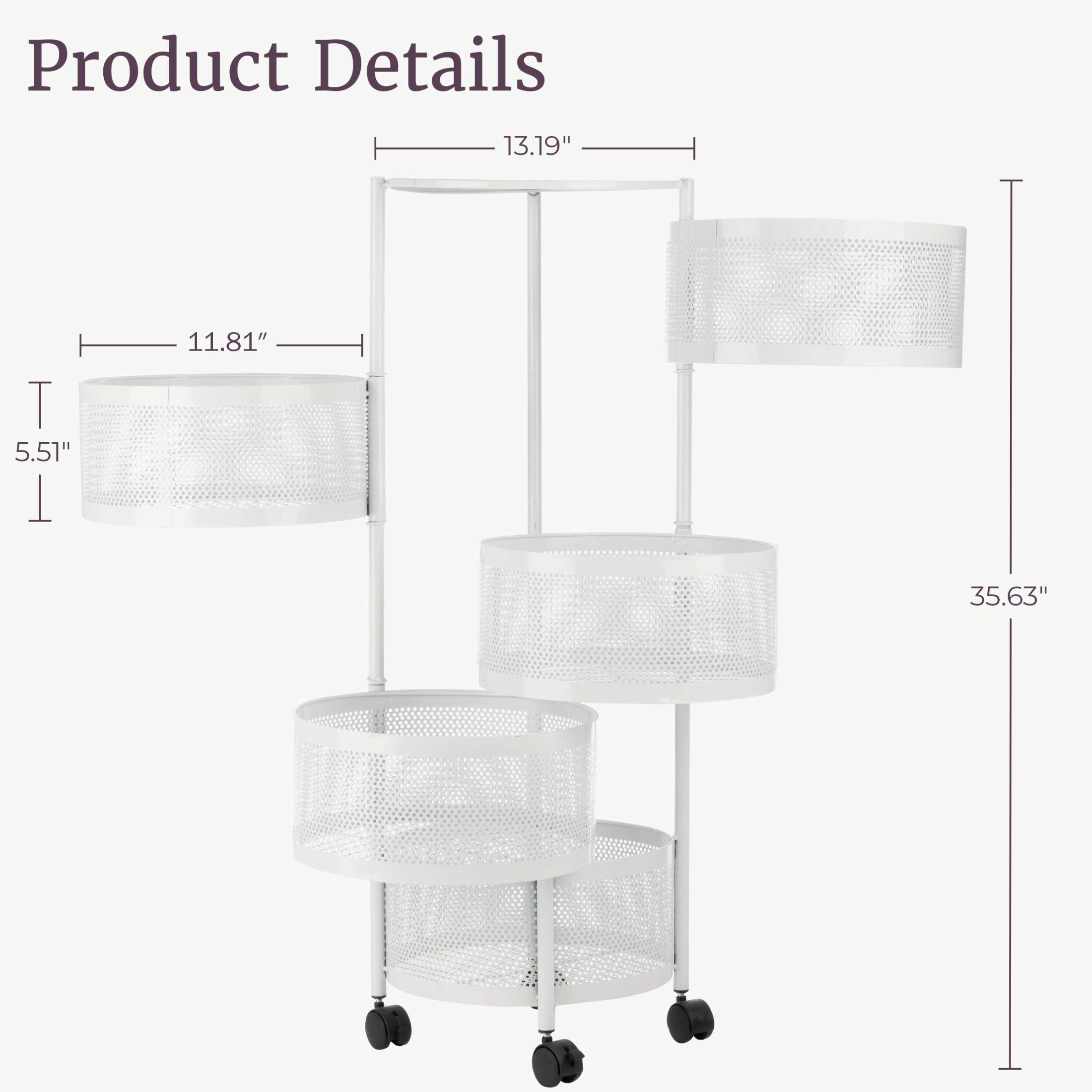 Home-Complete 5 Tier Kitchen Storage Rolling Cart with Wheels (White)