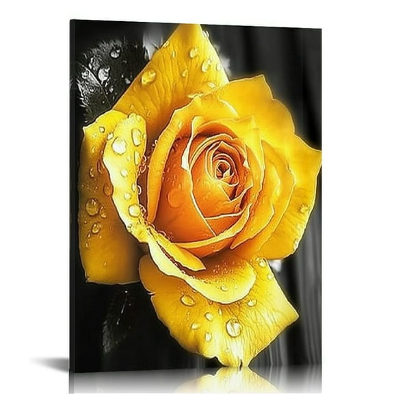 Fenyluxe  Yellow and Black Rose Flower Canvas Wall Art Floral Pictures Prints Modern Romantic Artwork Wall Decor for Valentine's Day Living Room Bedroom 12x16 in