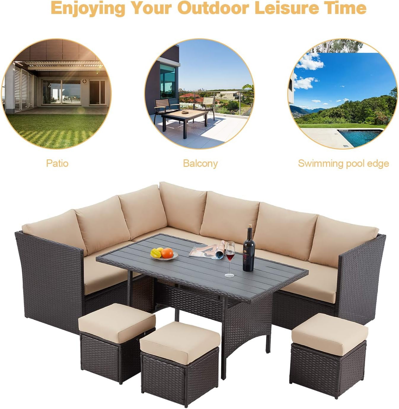 AECOJOY Patio Furniture Set, 7-Piece Rattan Wicker Sectional Sofa Couch, Outdoor Dining Conversation Set in Beige