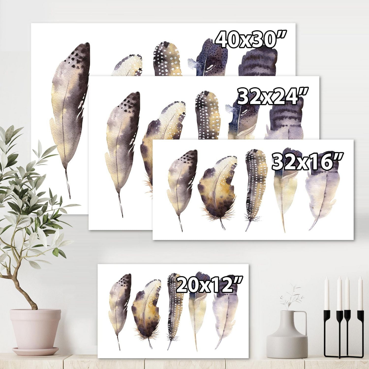 Designart Boho Ethnic Dark Gray Feathers I Canvas Wall Art