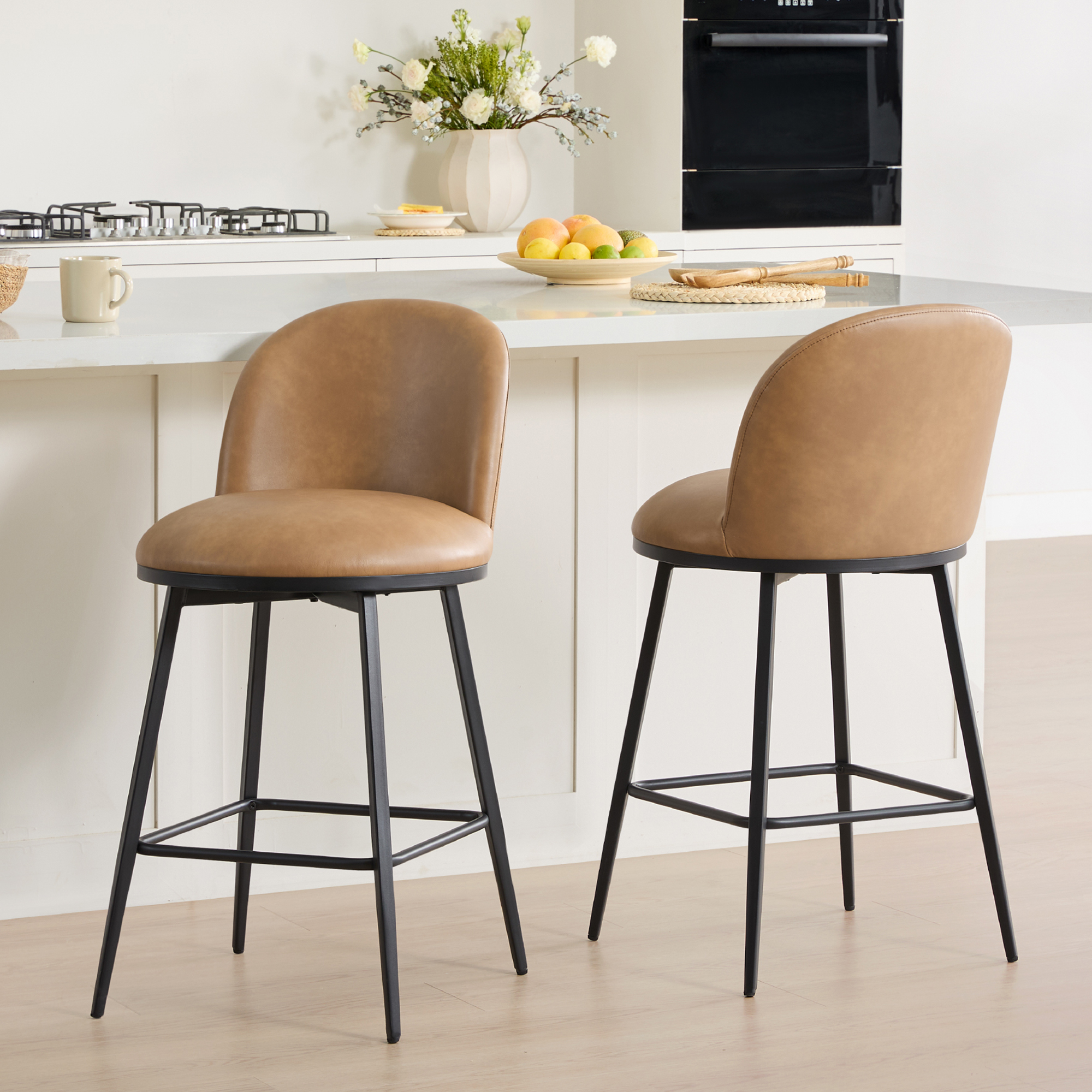 Spruce & Spring Counter Height Swivel Bar Stool with Metal Frame Set of 2, Cognac